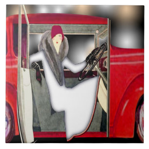 Art Deco Woman in de Rode-sportauto Tegeltje