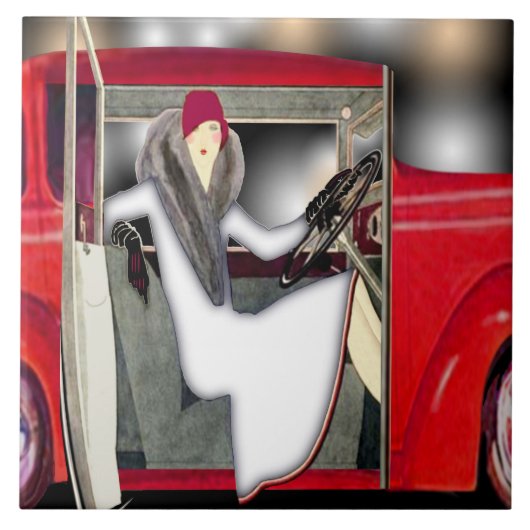 Art Deco Woman in de Rode-sportauto Tegeltje (Voorkant)