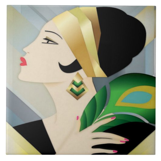 Art Deco Woman met Peacock Feather Tegeltje (Voorkant)