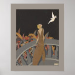 Art Deco Woman Poster<br><div class="desc">Een prachtige Art Deco-illustratie van een vrouw die op een balkon staat en naar een witte duif kijkt. Verkleurd in herfsttonen - een mooi poster.</div>