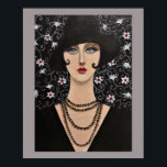 Art Deco Woman Poster<br><div class="desc">Oorspronkelijk acrylschilderij van een gestileerd en mooi portret van een vrouw uit het kunstdecotijdperk. Een volledig elegante dame in het zwart gekleed,  met een zwart pet en een veel gelaagd ketting. De florale achtergrond versterkt het portret.</div>