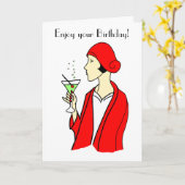 Art Deco Woman Red Pet Birthday Kaart (Gele Bloem)