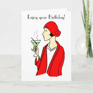 Art Deco Woman Red Pet Birthday Kaart