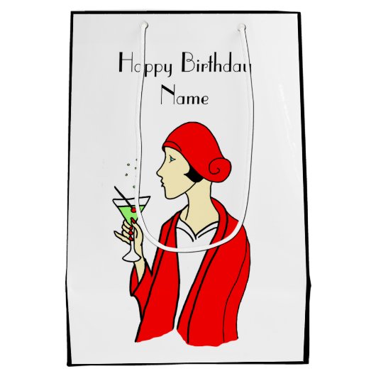 Art Deco Woman Red Pet Birthday Kaart Medium Cadeauzakje (Achterkant)