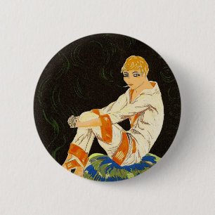  Art Deco Woman, Roken door S. Chompre Ronde Button 5,7 Cm
