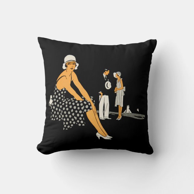 Art Deco Woman schetst poladot Black Kussen (Voorkant)
