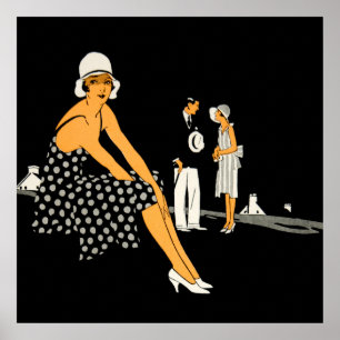 Art Deco Woman schetst poladot Black Poster