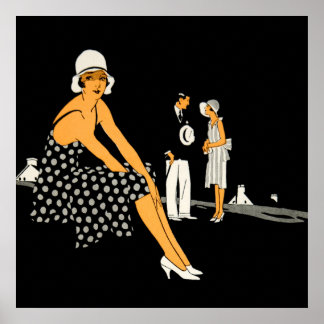 Art Deco Woman schetst poladot Black Poster
