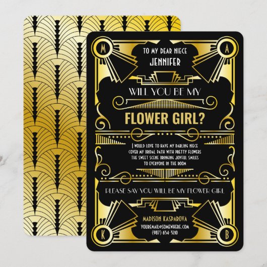 Art Deco Wordt Mijn Bloemenmeisje Gold en Zwart Kaart (Voorkant / Achterkant)