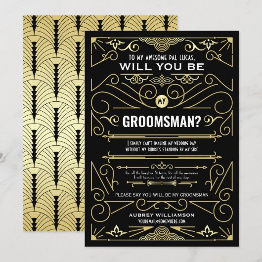 Art Deco wordt mijn Groomsman Gold Black Kaart (Voorkant / Achterkant)