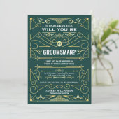 Art Deco wordt mijn Groomsman Gold Green Kaart (Staand voorkant)