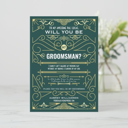 Art Deco wordt mijn Groomsman Gold Green Kaart (Staand voorkant)