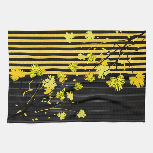 Art Deco Yellow en Black Floral Theedoek (Horizontaal)