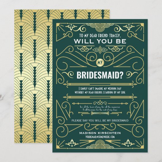 Art Deco zal jij mijn Bridesmaid Gold Green zijn Kaart (Voorkant / Achterkant)