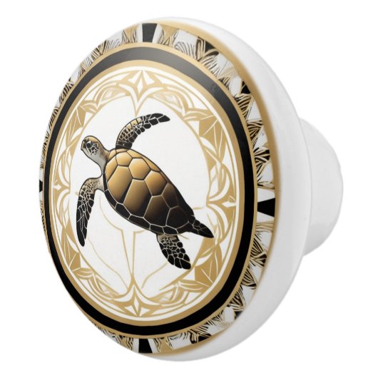 Art Deco Zee Schildpad Zwart Wit Goud Ocean Life Keramische Knop (Rechts)