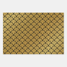 Art Deco Zeemeermin Schalen - Zwart & Goud Inpakpapier Vel