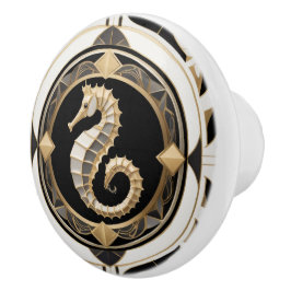 Art Deco Zeepaardje Zwart Wit en Goud Zee Paard Keramische Knop