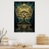 Art Deco Zen Bonsai Tree Mandala Gold Teal Poster (Keuken)