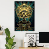 Art Deco Zen Bonsai Tree Mandala Gold Teal Poster (Thuiskantoor)