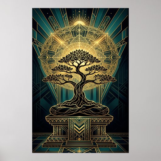Art Deco Zen Bonsai Tree Mandala Gold Teal Poster (Voorkant)