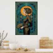 Art Deco zijprofiel danseres goud teal waaierposte Poster (Keuken)
