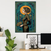 Art Deco zijprofiel danseres goud teal waaierposte Poster (Thuiskantoor)