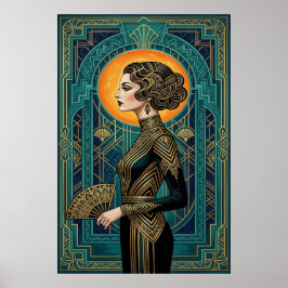 Art Deco zijprofiel danseres goud teal waaierposte Poster