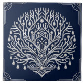 Art Deco Zilveren Boom Parels Marineblauw Scheeps- Tegeltje (Voorkant)