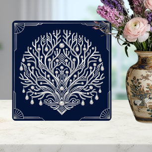 Art Deco Zilveren Boom Parels Marineblauw Tegeltje