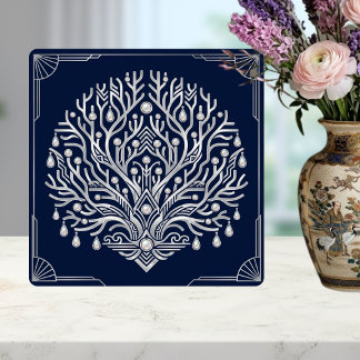 Art Deco Zilveren Boom Parels Marineblauw Tegeltje