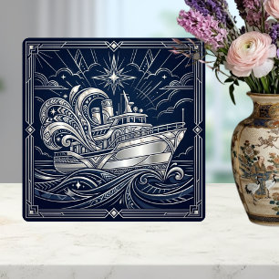 Art Deco Zilveren boot Oceaan Golven Sterrennacht Tegeltje