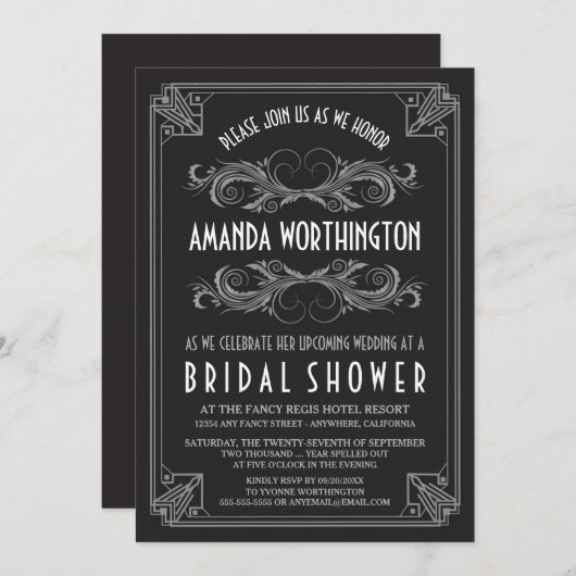 Art Deco  Zilveren Bruidsdouche Uitnodigingen (Voorkant / Achterkant)