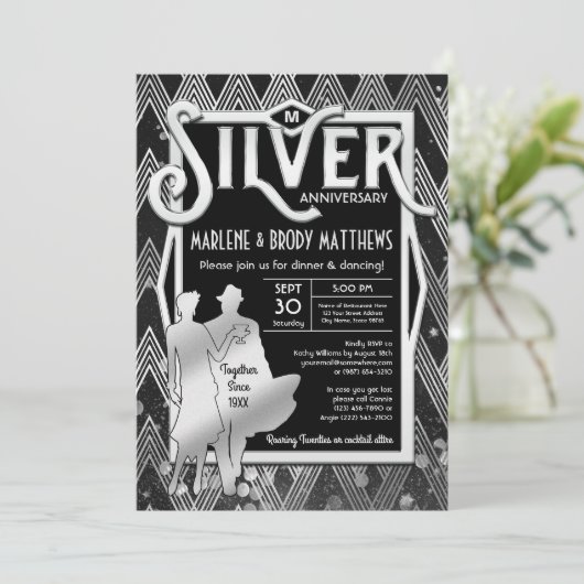 Art Deco Zilveren Huwelijksjubileum Great Gatsby Kaart (Staand voorkant)