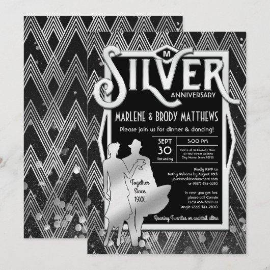 Art Deco Zilveren Huwelijksjubileum Great Gatsby Kaart (Voorkant / Achterkant)