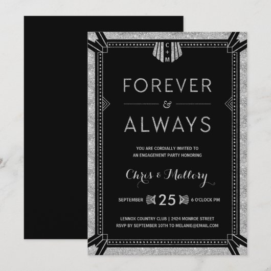 Art Deco | zilveren verlovingsfeest Kaart (Voorkant / Achterkant)