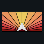 Art deco zon dageraad perfect poster<br><div class="desc">Een klassiek art deco stijl zonnepatroon in dageraad kleuren. Een iconisch patroon van de zon die opkomt van achter een gestileerd art deco-vormig gebouw. Een eenvoudig maar elegant ontwerp,  trouw aan het tijdperk.</div>