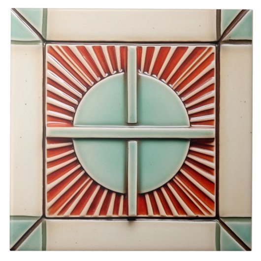 Art Deco Zon en Kruis in Koraal Blauwgroen Tegeltje (Voorkant)
