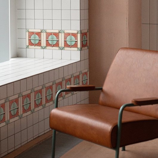 Art Deco Zon en Kruis in Koraal Blauwgroen Tegeltje