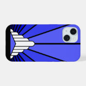 Art deco zon in blauw iPhone 15 case (Achterkant horizontaal)
