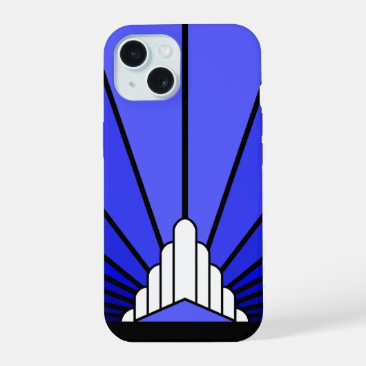 Art deco zon in blauw iPhone 15 case (Achterkant)