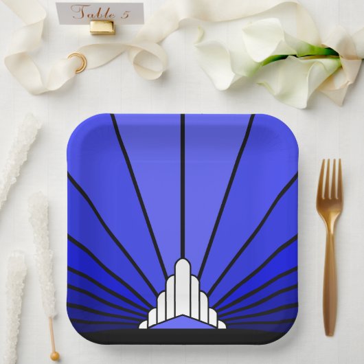 Art deco zon in blauw Papieren Bord (Huwelijk)