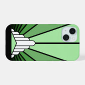Art deco zon in het groen iPhone 15 case (Achterkant horizontaal)