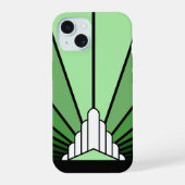 Art deco zon in het groen iPhone 15 case (Achterkant)