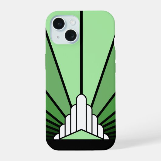 Art deco zon in het groen iPhone 15 case (Achterkant)