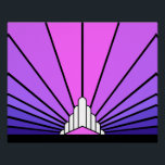 Art deco zon in paarse & roze perfect poster<br><div class="desc">Een klassiek art deco stijl zonnepatroon in paarse en roze. Een iconisch patroon van de zon die opkomt van achter een gestileerd art deco-vormig gebouw. Een eenvoudig maar elegant ontwerp, trouw aan het tijdperk.</div>