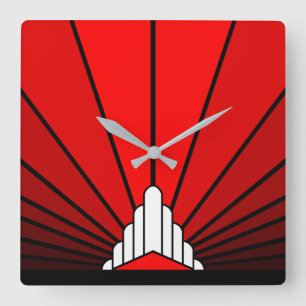 Art deco zon in rood vierkante klok