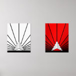 Art deco zon muurkunst sets<br><div class="desc">Een klassiek art deco stijl zonnepatroon gemaakt in zwart-wit en rood. Een iconisch patroon van de zon die opkomt van achter een gestileerd art deco-vormig gebouw. Een eenvoudig maar elegant ontwerp,  trouw aan het tijdperk.</div>
