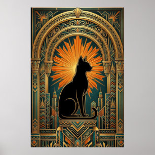 Art Deco Zonneburst Zwarte Kat Muurkunst Poster