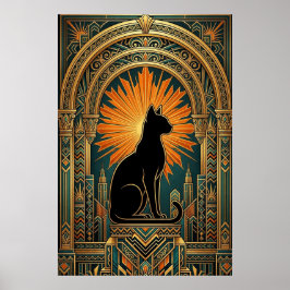 Art Deco Zonneuitbarsting Zwarte Kat Wandkunst Poster