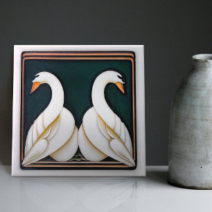 Art Deco Zwaan Bloemige Muurdecoratie Art Nouveau Tegeltje